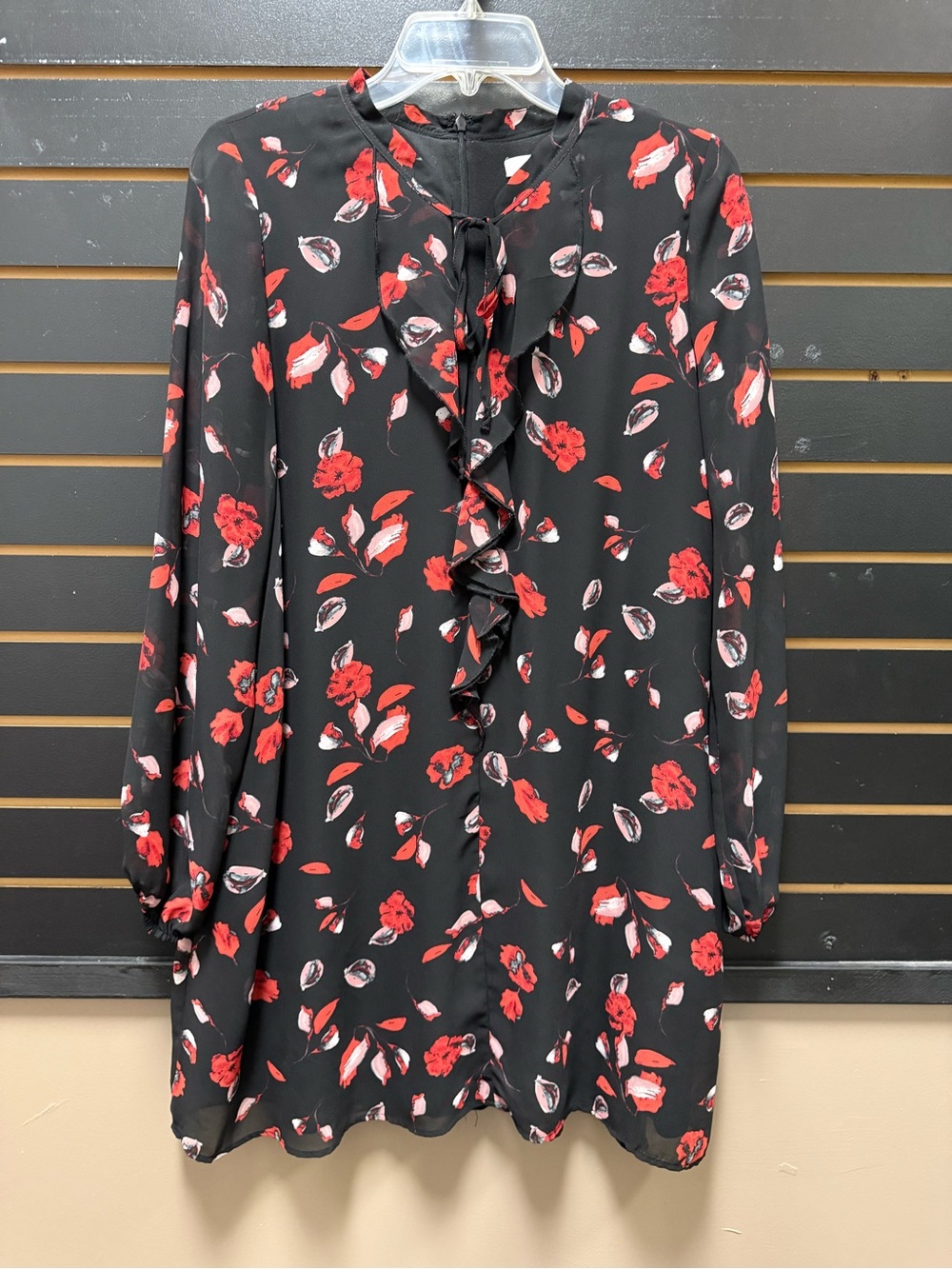 Kensie Black Red Floral Ruffle Long Sleeve Dress Size Large